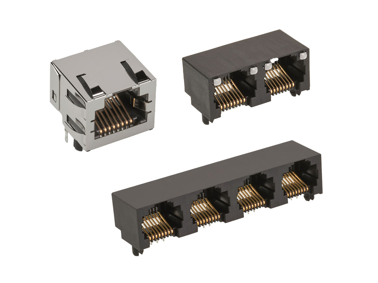 Black and gray modular jacks with a combination of port configurations.  