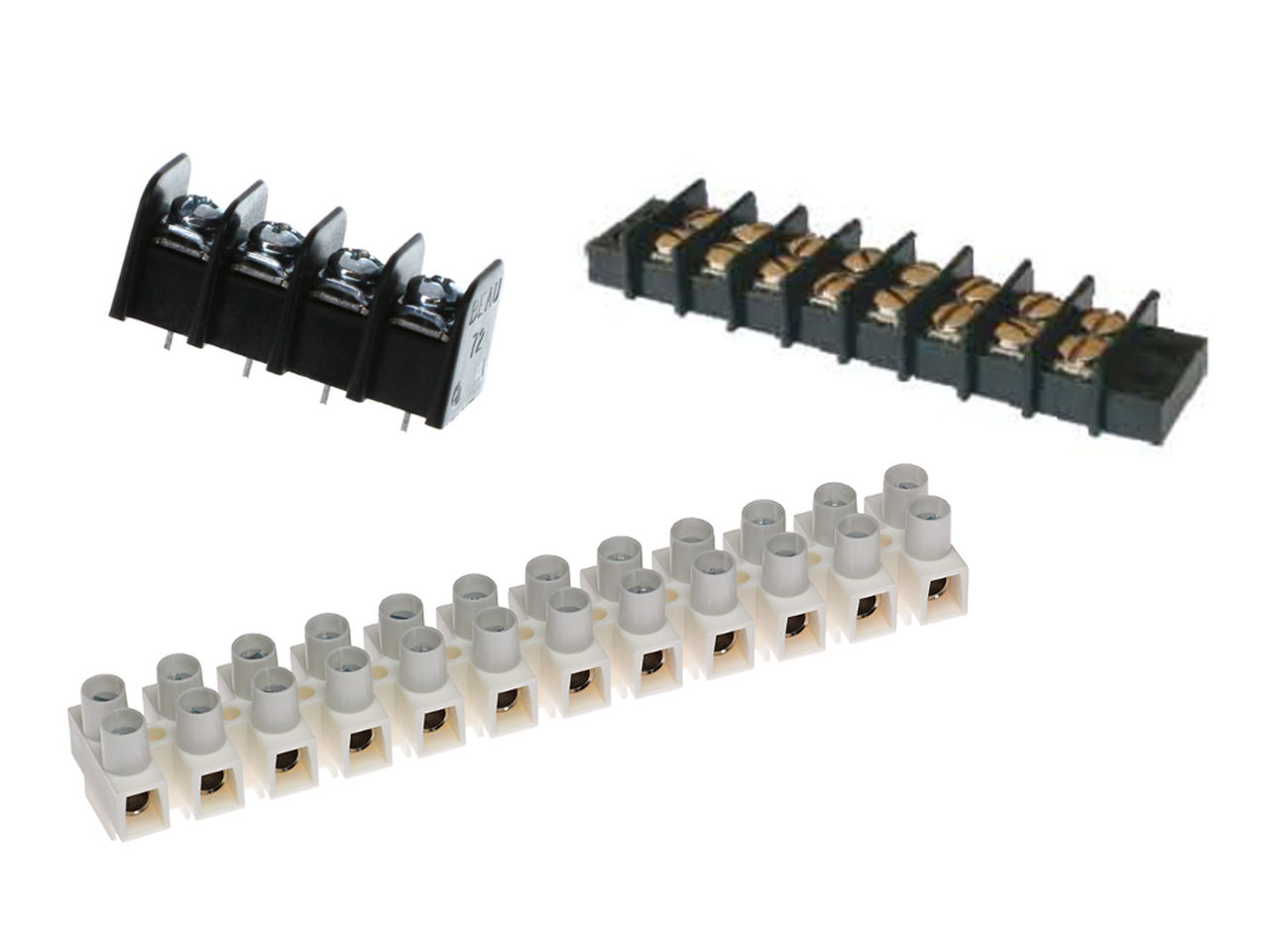 Molex barrier strips and terminal strips in white and black colors. 